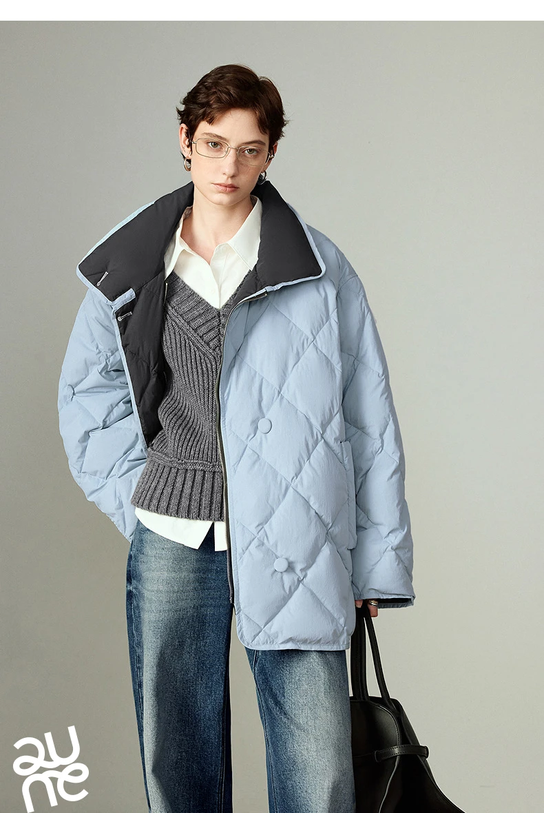 TOYOUTH Women 90% White Duck Down Jacket 2025 Winter New Diamond Grid Double Side Contrasting Color Splicing Jacket Coat
