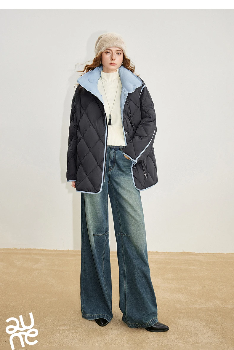 TOYOUTH Women 90% White Duck Down Jacket 2025 Winter New Diamond Grid Double Side Contrasting Color Splicing Jacket Coat