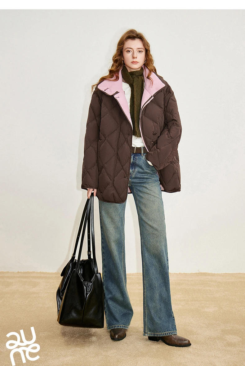 TOYOUTH Women 90% White Duck Down Jacket 2025 Winter New Diamond Grid Double Side Contrasting Color Splicing Jacket Coat