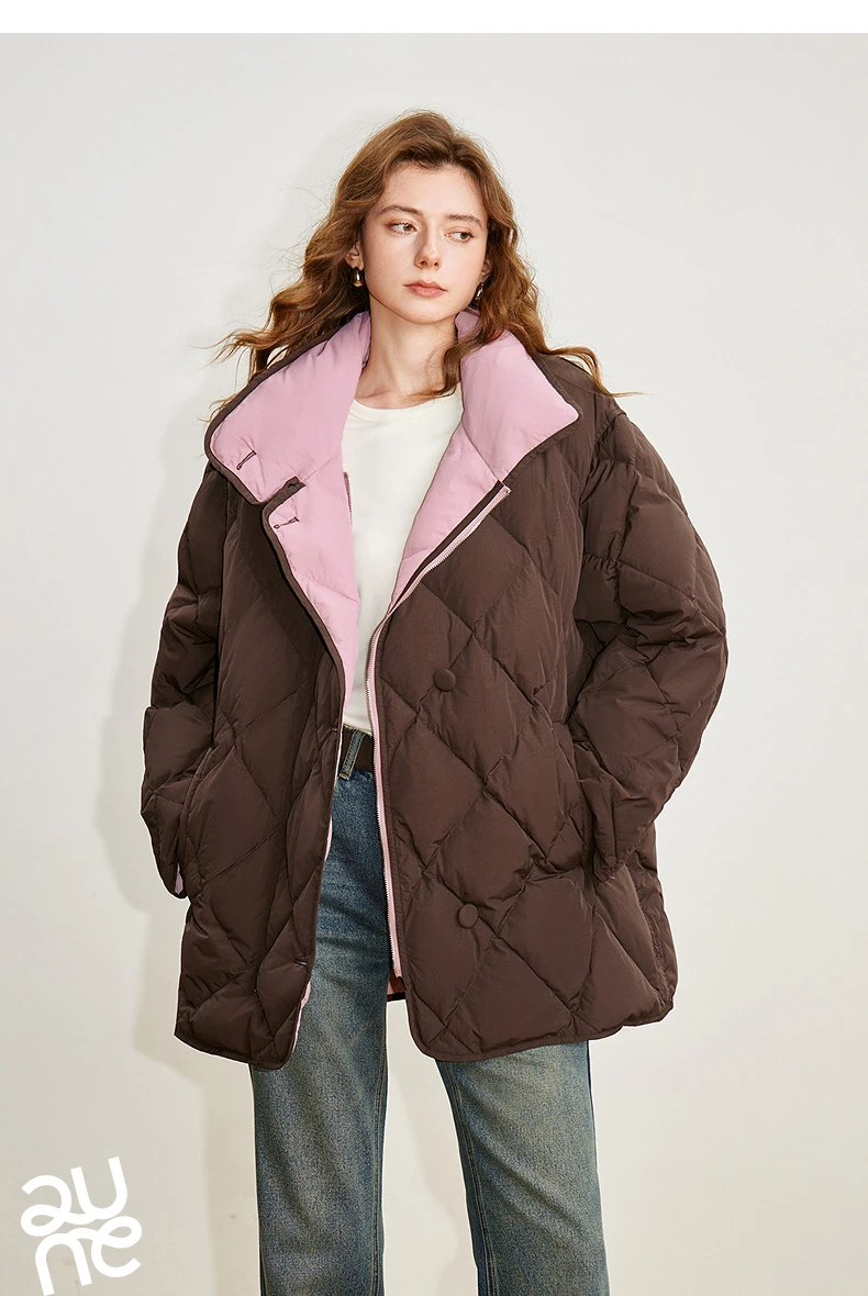 TOYOUTH Women 90% White Duck Down Jacket 2025 Winter New Diamond Grid Double Side Contrasting Color Splicing Jacket Coat
