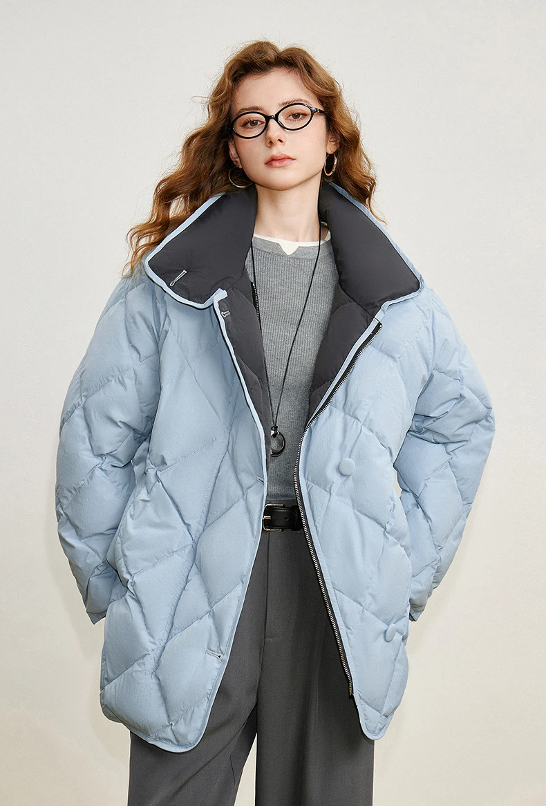 TOYOUTH Women 90% White Duck Down Jacket 2025 Winter New Diamond Grid Double Side Contrasting Color Splicing Jacket Coat