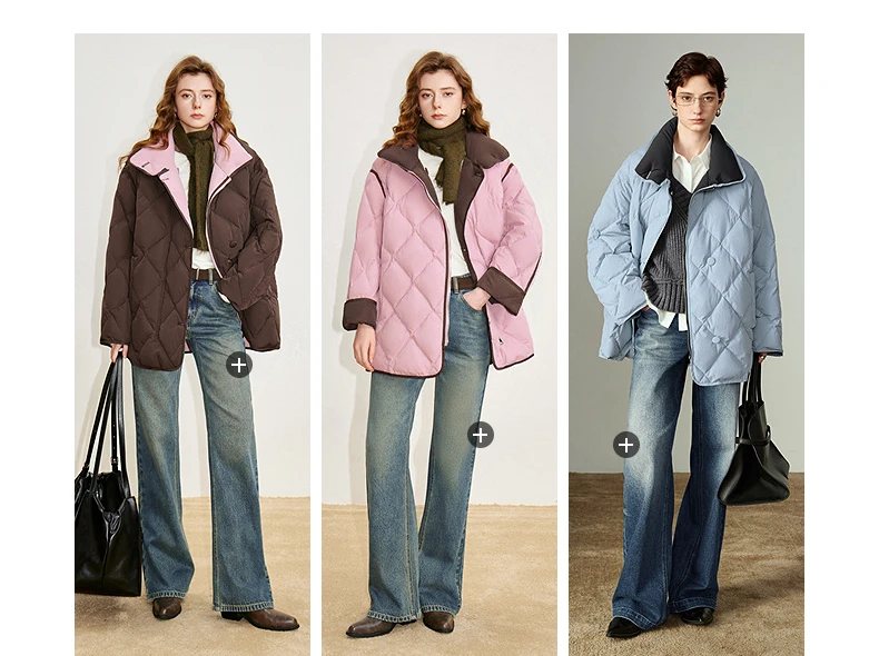TOYOUTH Women 90% White Duck Down Jacket 2025 Winter New Diamond Grid Double Side Contrasting Color Splicing Jacket Coat