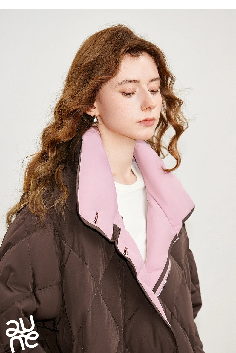 TOYOUTH Women 90% White Duck Down Jacket 2025 Winter New Diamond Grid Double Side Contrasting Color Splicing Jacket Coat