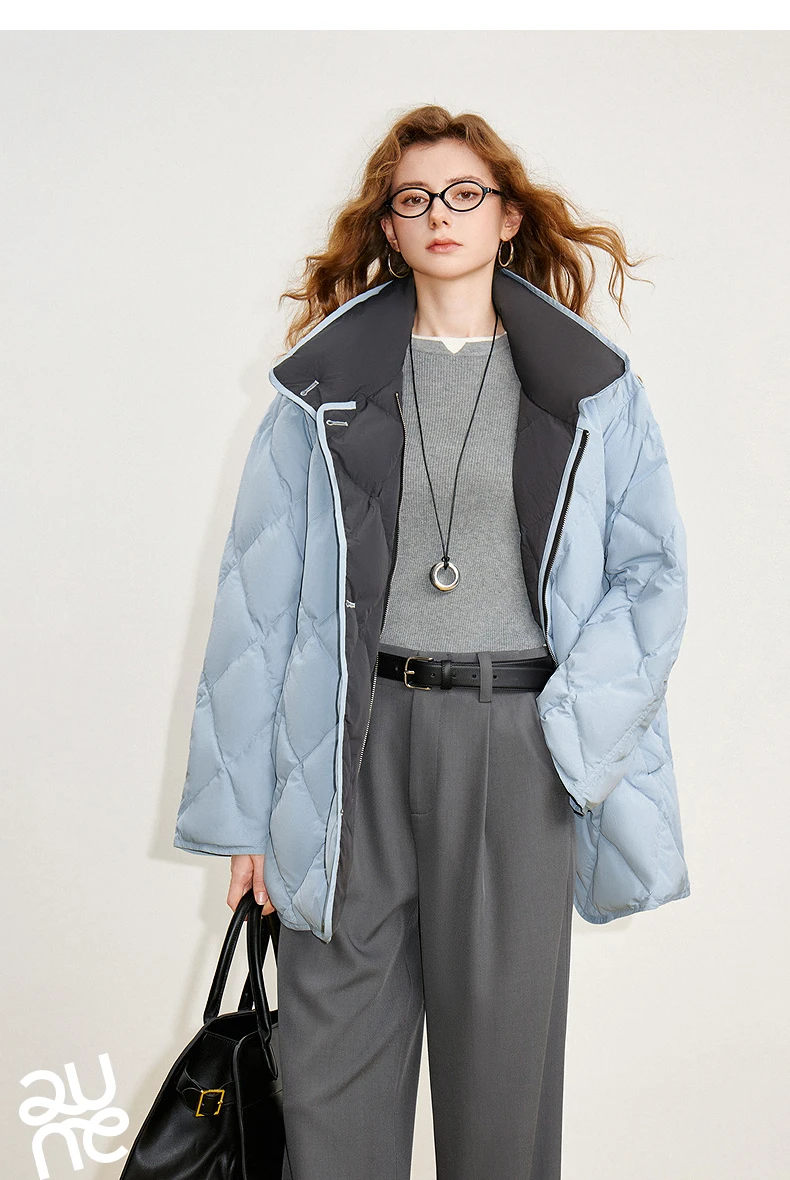 TOYOUTH Women 90% White Duck Down Jacket 2025 Winter New Diamond Grid Double Side Contrasting Color Splicing Jacket Coat