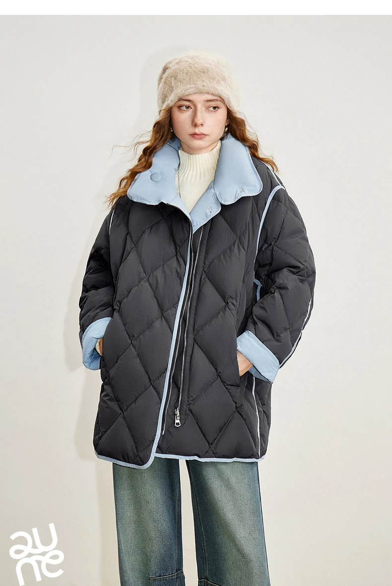 TOYOUTH Women 90% White Duck Down Jacket 2025 Winter New Diamond Grid Double Side Contrasting Color Splicing Jacket Coat