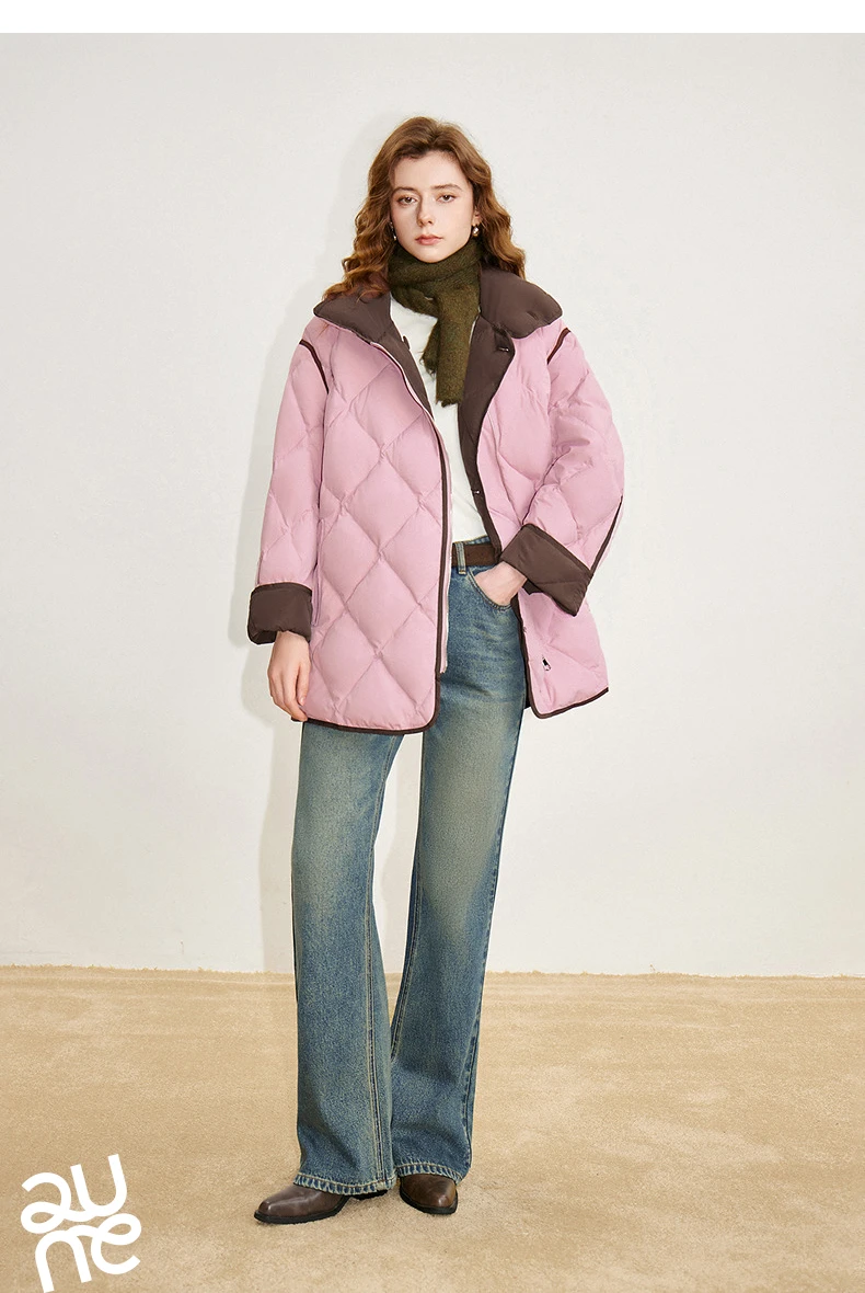TOYOUTH Women 90% White Duck Down Jacket 2025 Winter New Diamond Grid Double Side Contrasting Color Splicing Jacket Coat