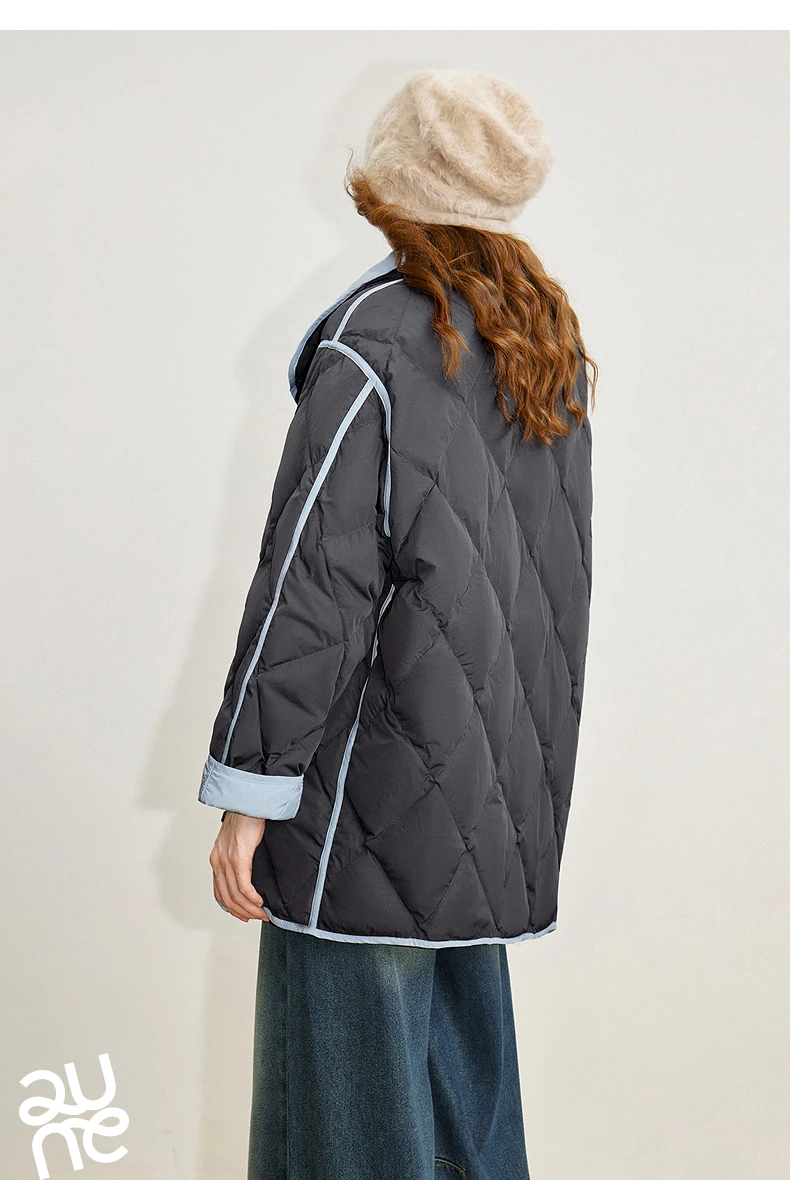 TOYOUTH Women 90% White Duck Down Jacket 2025 Winter New Diamond Grid Double Side Contrasting Color Splicing Jacket Coat