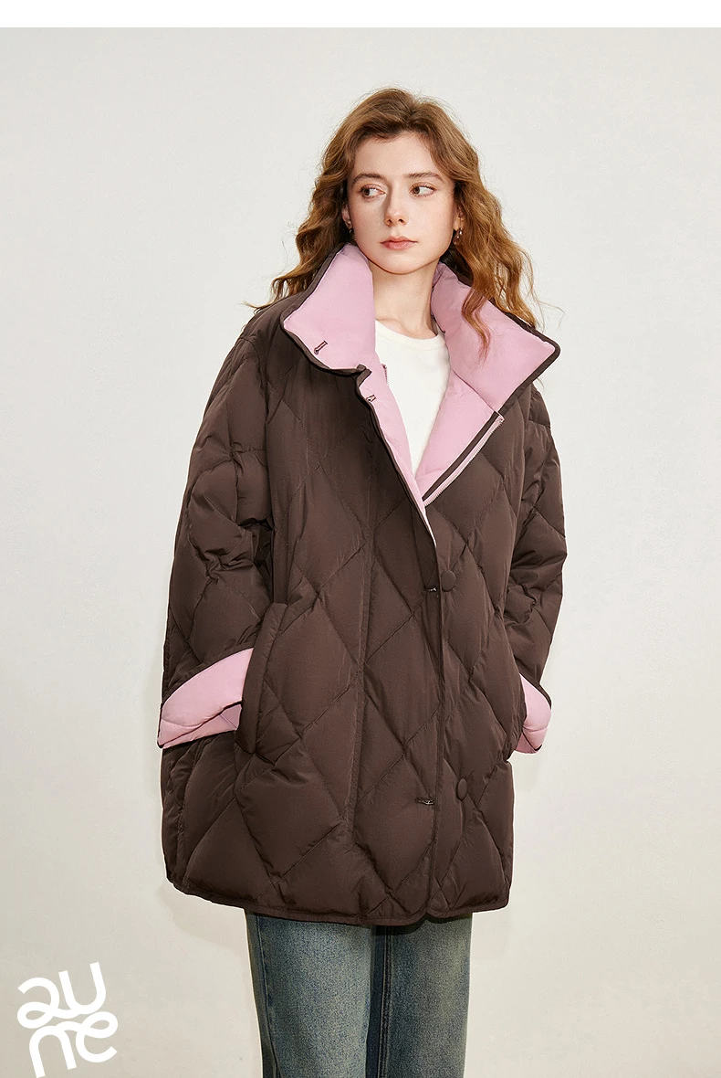 TOYOUTH Women 90% White Duck Down Jacket 2025 Winter New Diamond Grid Double Side Contrasting Color Splicing Jacket Coat