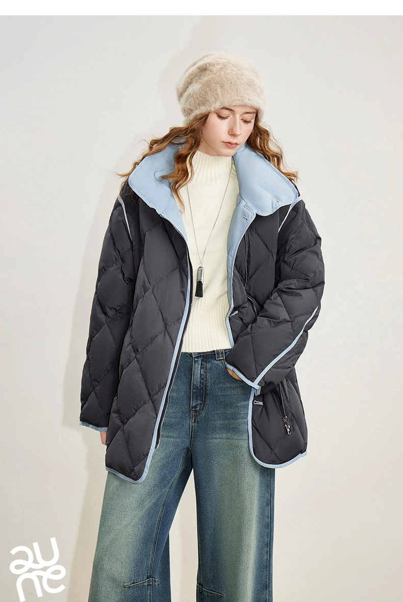 TOYOUTH Women 90% White Duck Down Jacket 2025 Winter New Diamond Grid Double Side Contrasting Color Splicing Jacket Coat