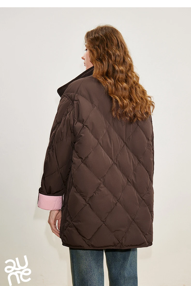 TOYOUTH Women 90% White Duck Down Jacket 2025 Winter New Diamond Grid Double Side Contrasting Color Splicing Jacket Coat