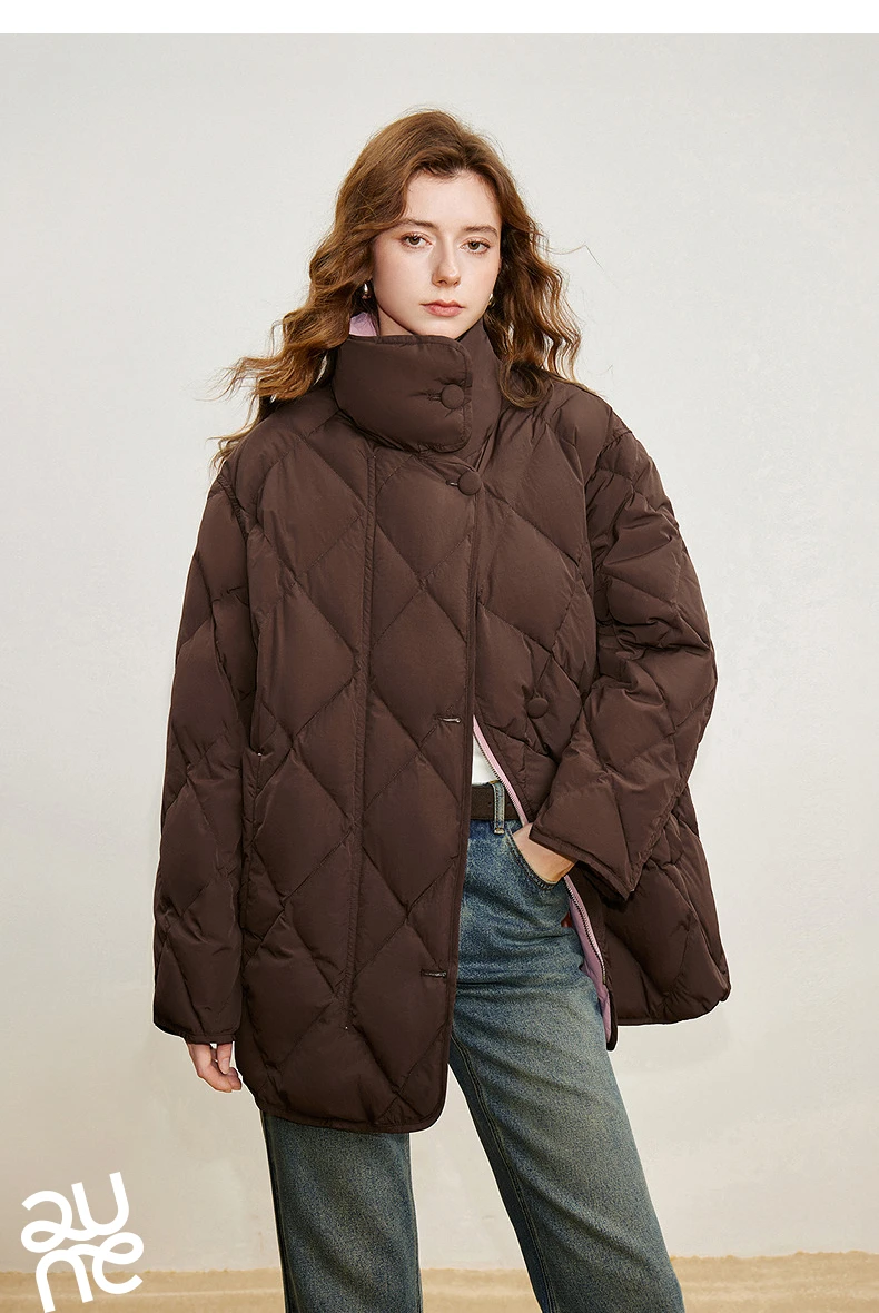 TOYOUTH Women 90% White Duck Down Jacket 2025 Winter New Diamond Grid Double Side Contrasting Color Splicing Jacket Coat
