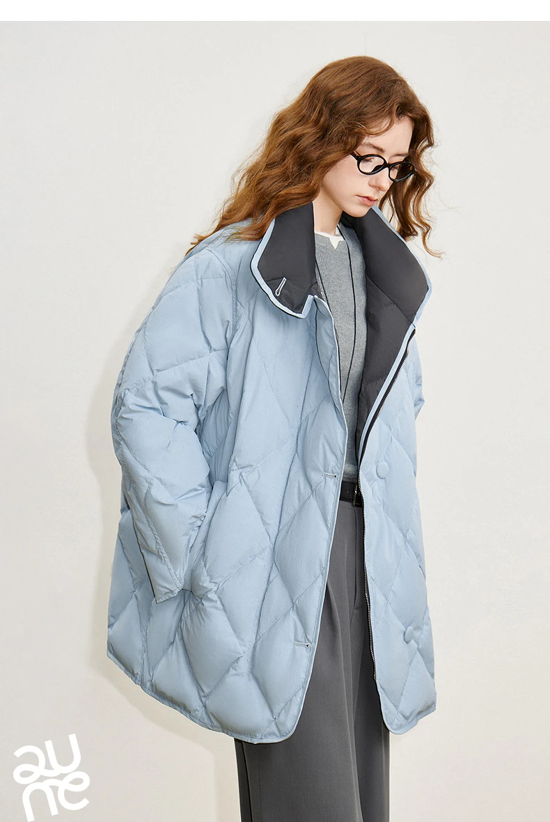 TOYOUTH Women 90% White Duck Down Jacket 2025 Winter New Diamond Grid Double Side Contrasting Color Splicing Jacket Coat