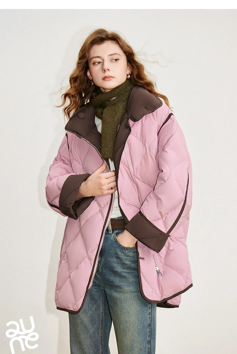 TOYOUTH Women 90% White Duck Down Jacket 2025 Winter New Diamond Grid Double Side Contrasting Color Splicing Jacket Coat