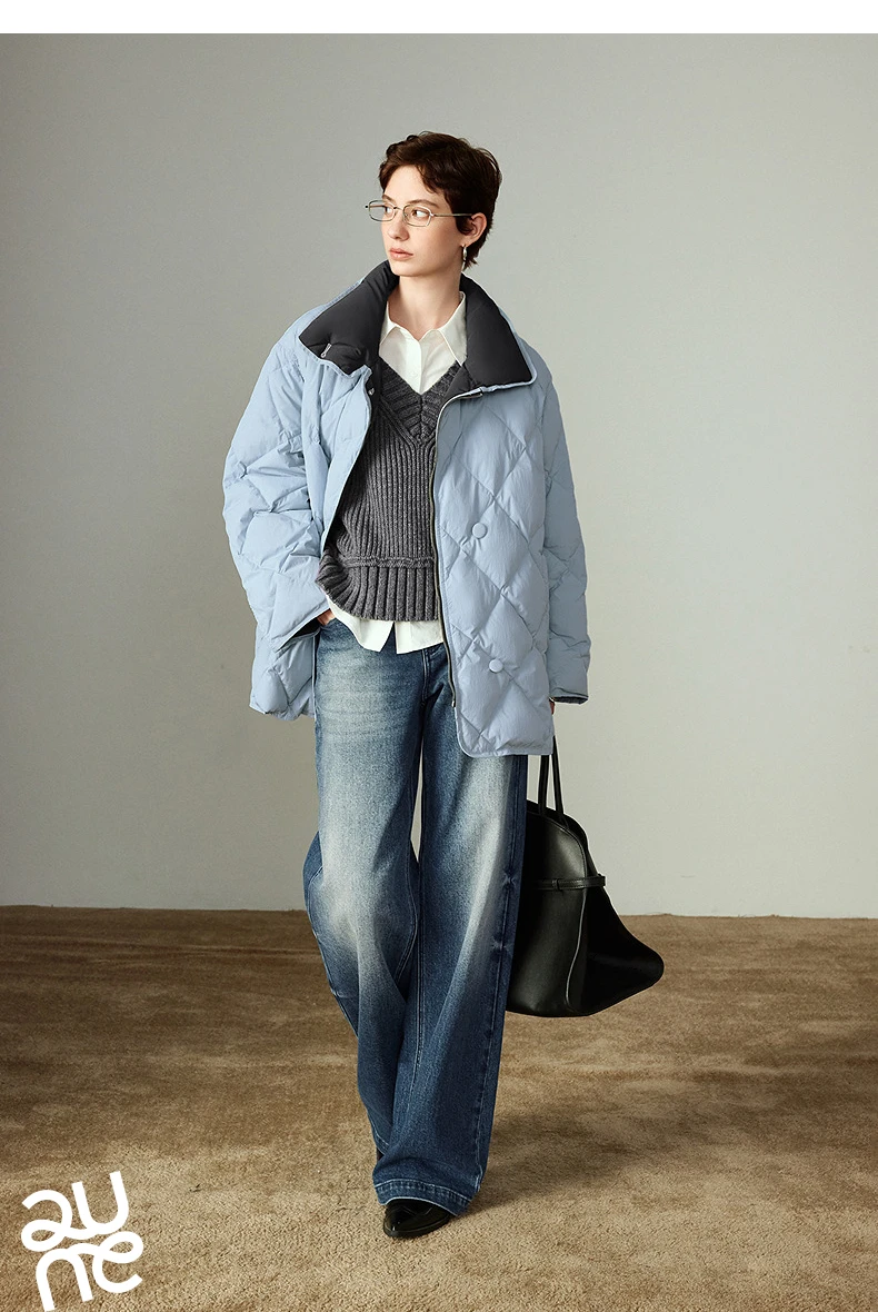 TOYOUTH Women 90% White Duck Down Jacket 2025 Winter New Diamond Grid Double Side Contrasting Color Splicing Jacket Coat