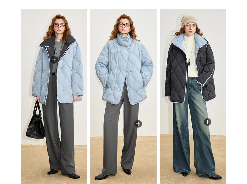 TOYOUTH Women 90% White Duck Down Jacket 2025 Winter New Diamond Grid Double Side Contrasting Color Splicing Jacket Coat