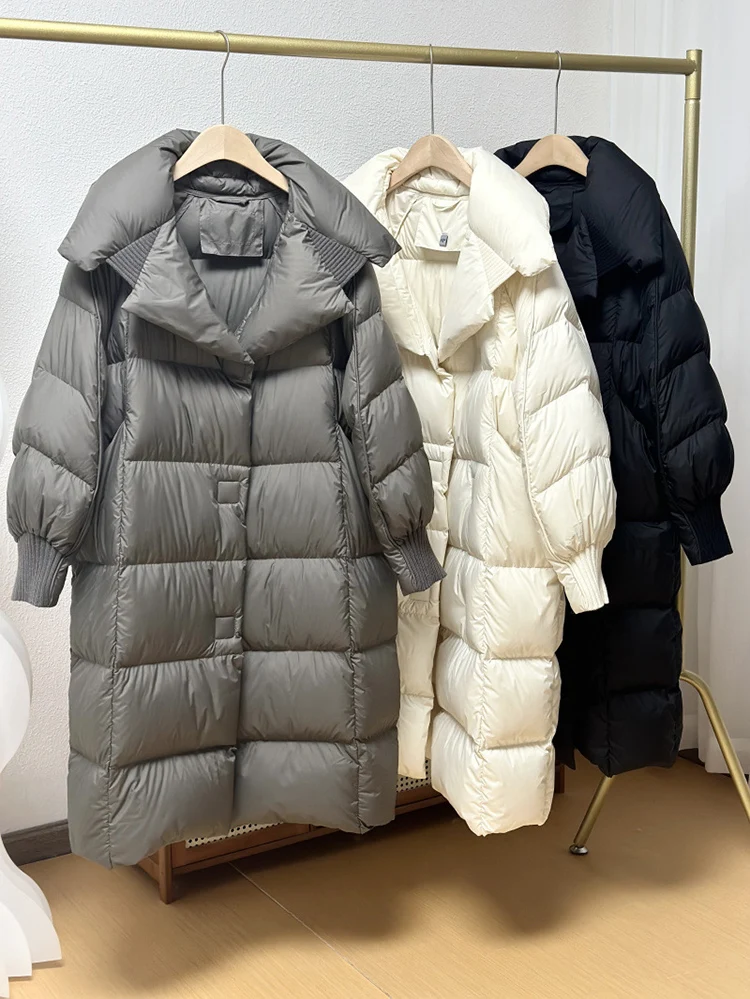 Schinteon Women White Duck Down Long Jacket Autumn Winter Warm Casual Over Size Loose Outwear Soft Comfortable Fashion Coat New