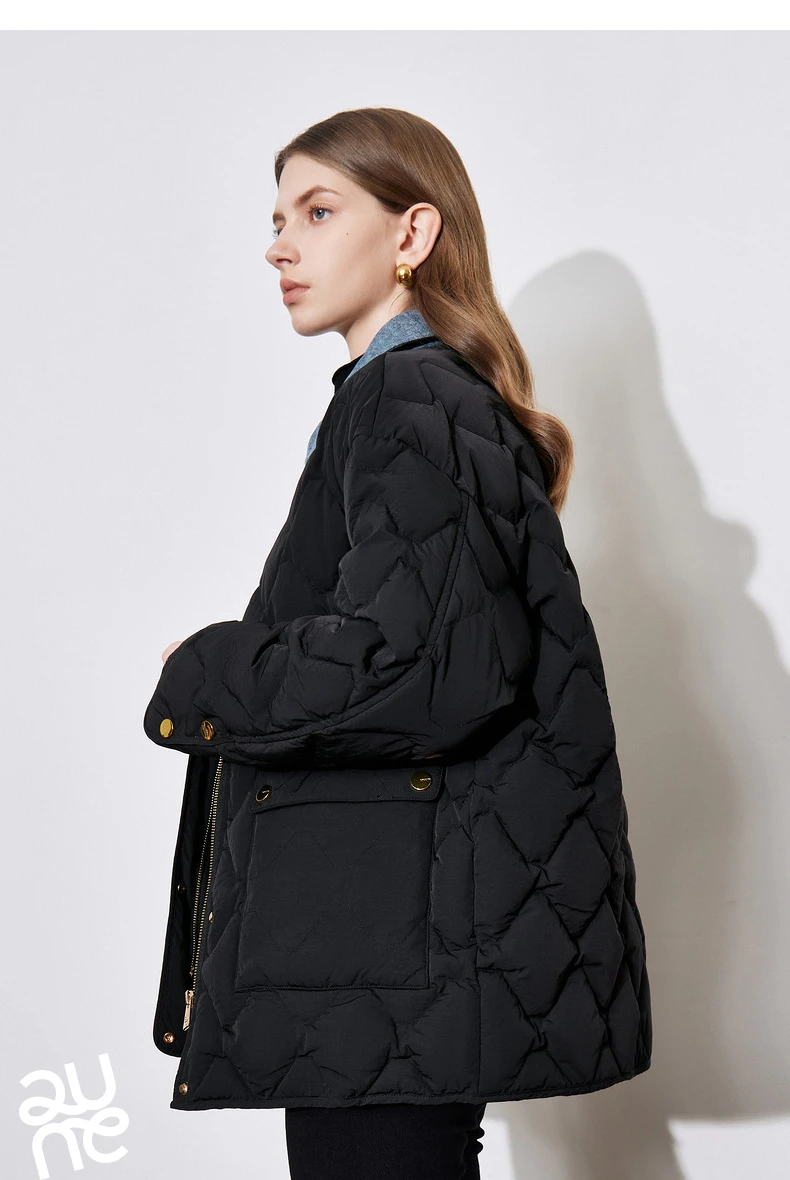 TOYOUH Women Down Jacket 2024 Autumn Winter New Denim Splicing Lapel Collar Zipper Closure Shirt Lightweight Warm Jacket