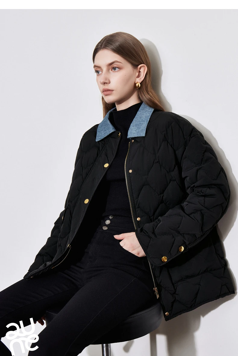 TOYOUH Women Down Jacket 2024 Autumn Winter New Denim Splicing Lapel Collar Zipper Closure Shirt Lightweight Warm Jacket