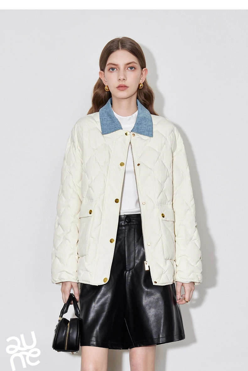 TOYOUH Women Down Jacket 2024 Autumn Winter New Denim Splicing Lapel Collar Zipper Closure Shirt Lightweight Warm Jacket
