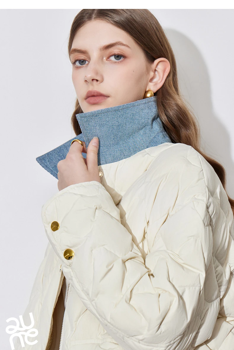 TOYOUH Women Down Jacket 2024 Autumn Winter New Denim Splicing Lapel Collar Zipper Closure Shirt Lightweight Warm Jacket
