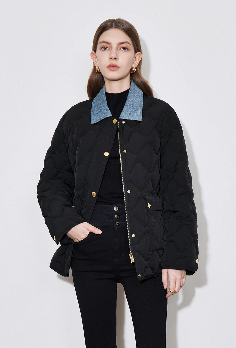 TOYOUH Women Down Jacket 2024 Autumn Winter New Denim Splicing Lapel Collar Zipper Closure Shirt Lightweight Warm Jacket