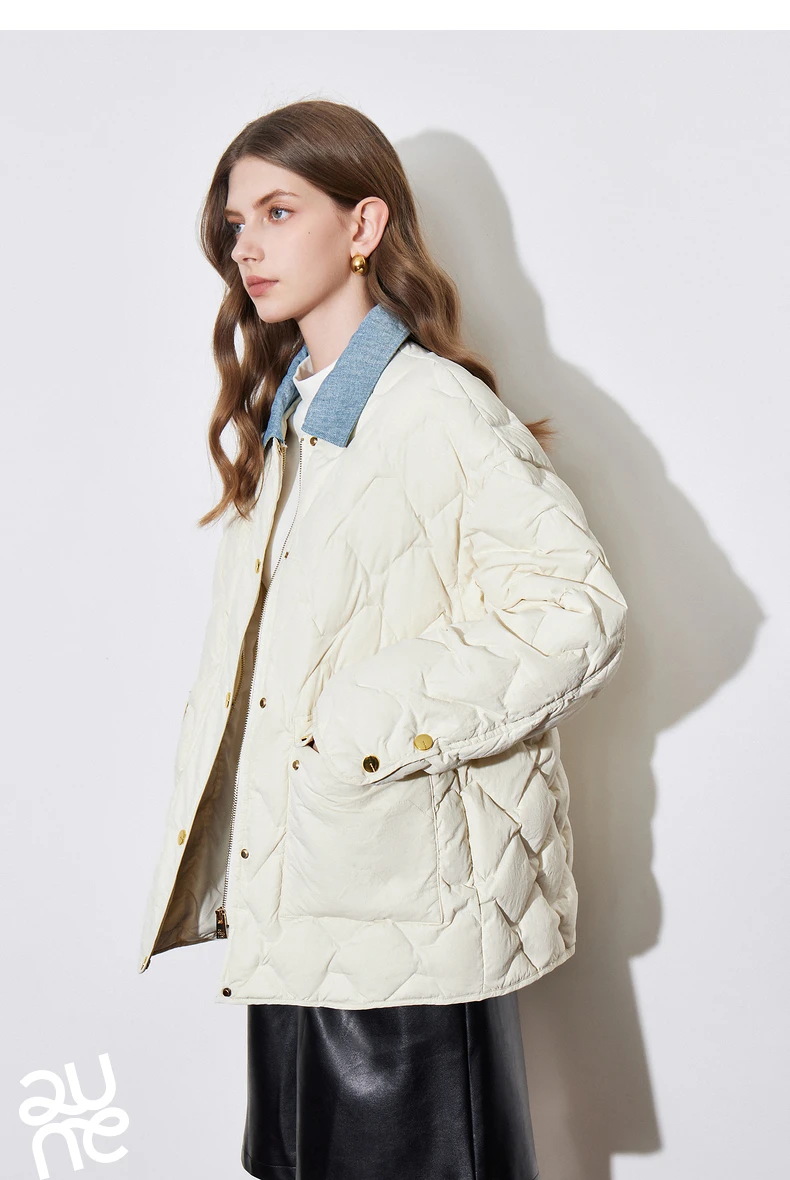 TOYOUH Women Down Jacket 2024 Autumn Winter New Denim Splicing Lapel Collar Zipper Closure Shirt Lightweight Warm Jacket