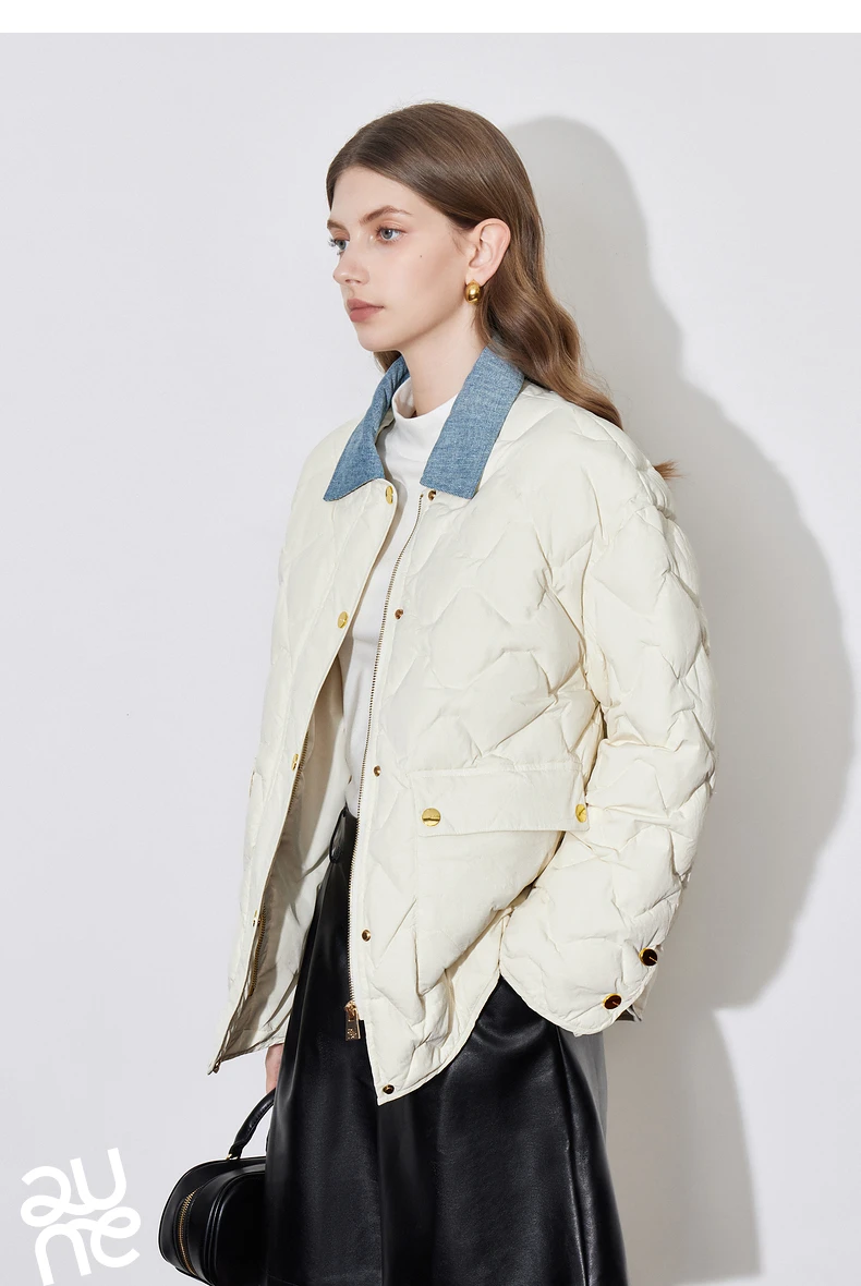 TOYOUH Women Down Jacket 2024 Autumn Winter New Denim Splicing Lapel Collar Zipper Closure Shirt Lightweight Warm Jacket