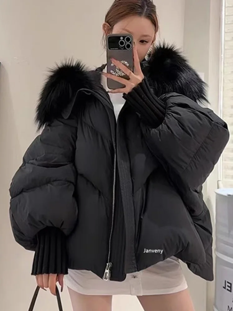 Janveny2026 New Winter Large Real Fur Hooded Puffer Jacket Women Thicken Warm Knitted Sleeve Coat White Duck Down Mid Long Parka