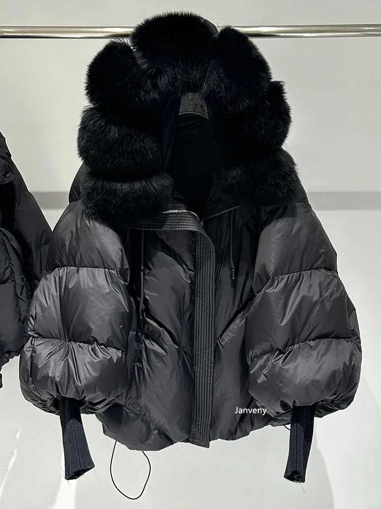 Janveny2026 New Winter Large Real Fur Hooded Puffer Jacket Women Thicken Warm Knitted Sleeve Coat White Duck Down Mid Long Parka