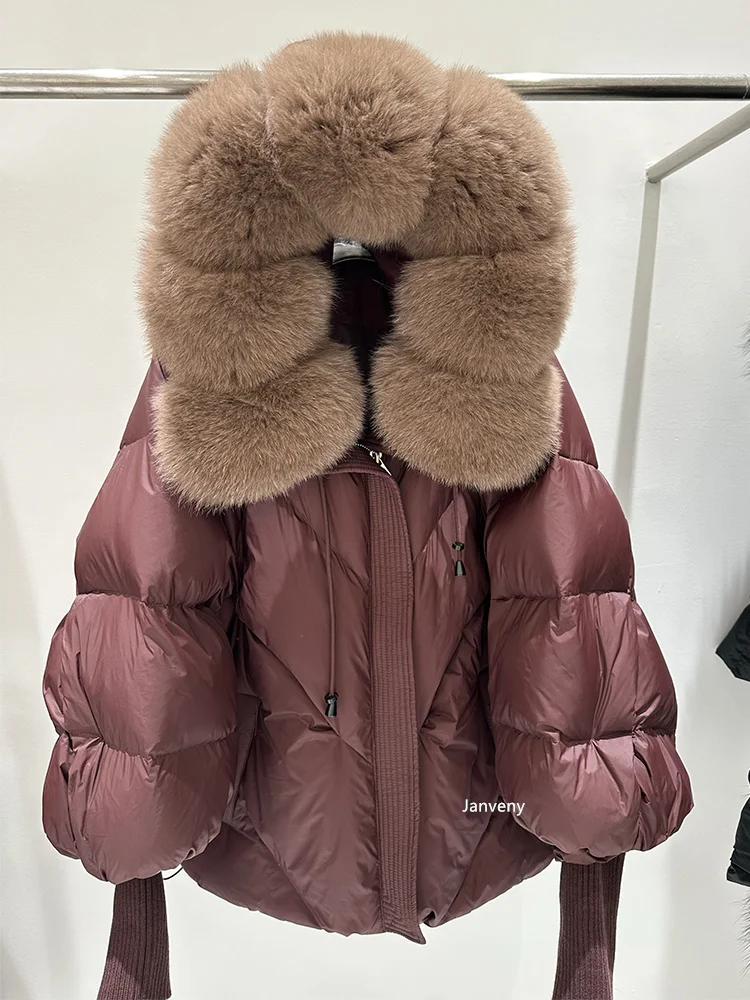 Janveny2026 New Winter Large Real Fur Hooded Puffer Jacket Women Thicken Warm Knitted Sleeve Coat White Duck Down Mid Long Parka