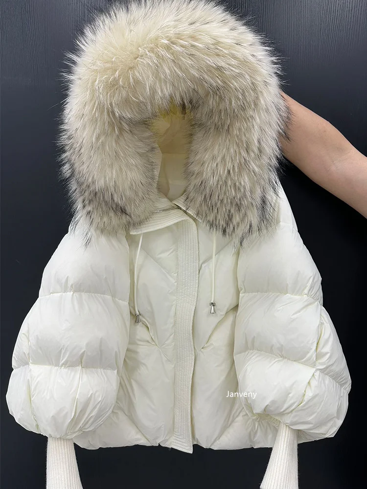 Janveny2026 New Winter Large Real Fur Hooded Puffer Jacket Women Thicken Warm Knitted Sleeve Coat White Duck Down Mid Long Parka