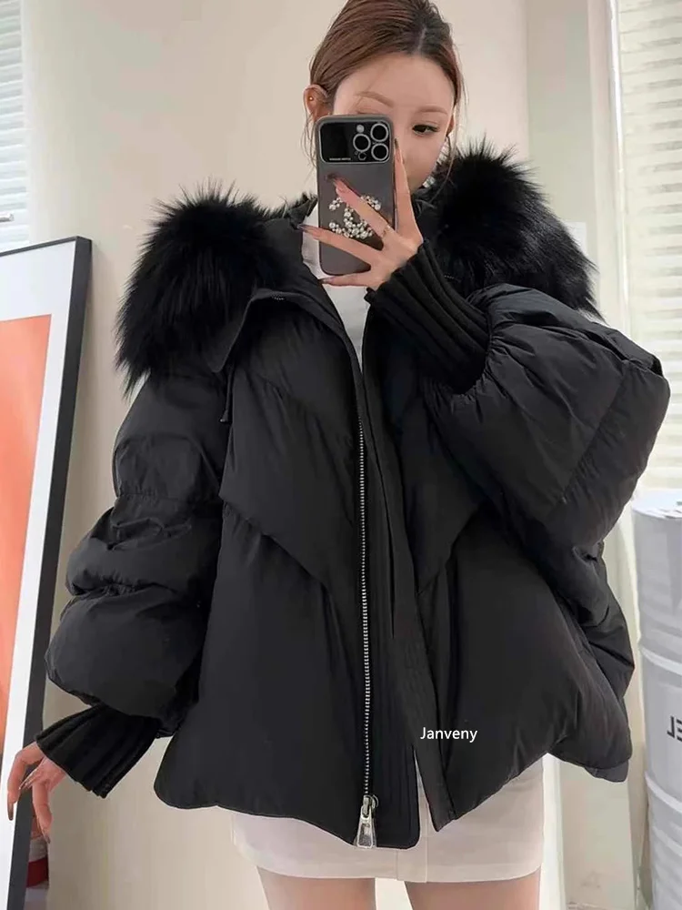Janveny2026 New Winter Large Real Fur Hooded Puffer Jacket Women Thicken Warm Knitted Sleeve Coat White Duck Down Mid Long Parka