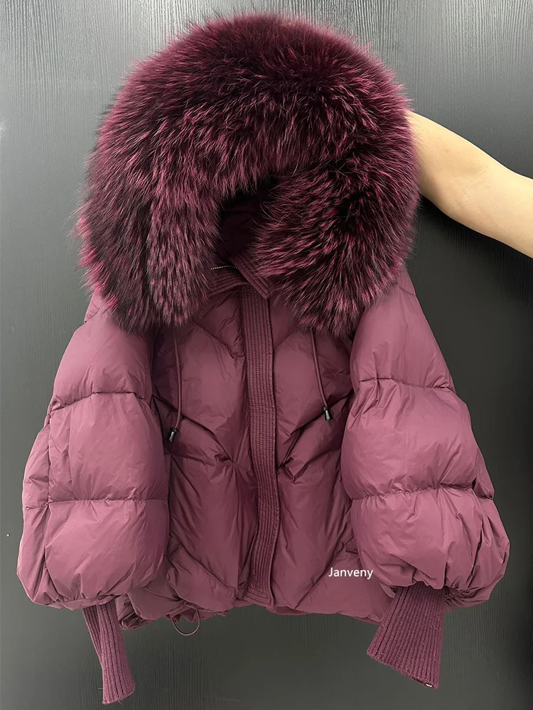 Janveny2026 New Winter Large Real Fur Hooded Puffer Jacket Women Thicken Warm Knitted Sleeve Coat White Duck Down Mid Long Parka