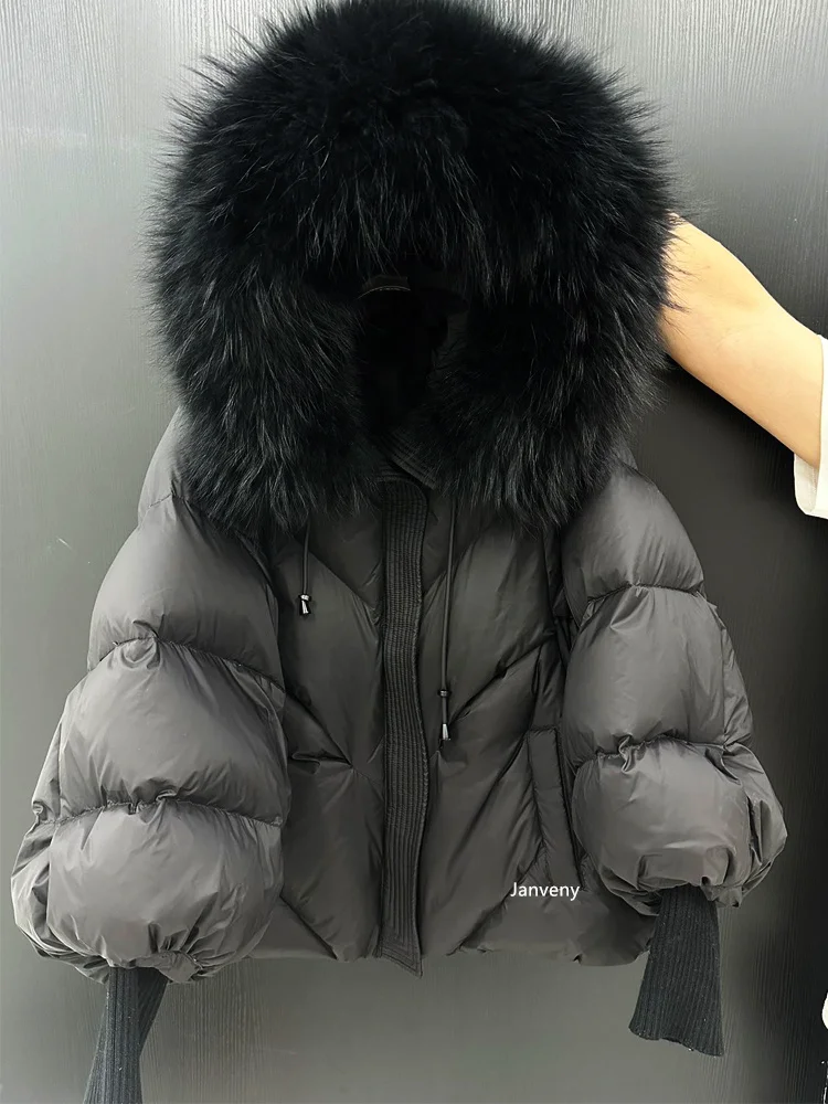Janveny2026 New Winter Large Real Fur Hooded Puffer Jacket Women Thicken Warm Knitted Sleeve Coat White Duck Down Mid Long Parka