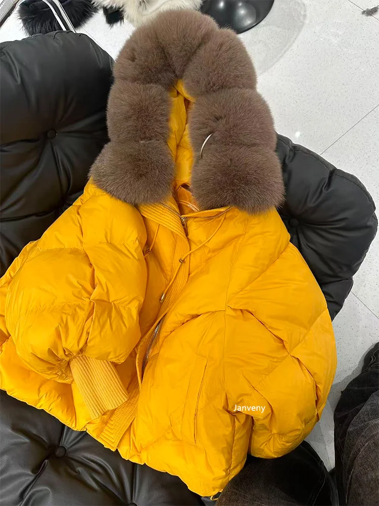 Janveny2026 New Winter Large Real Fur Hooded Puffer Jacket Women Thicken Warm Knitted Sleeve Coat White Duck Down Mid Long Parka