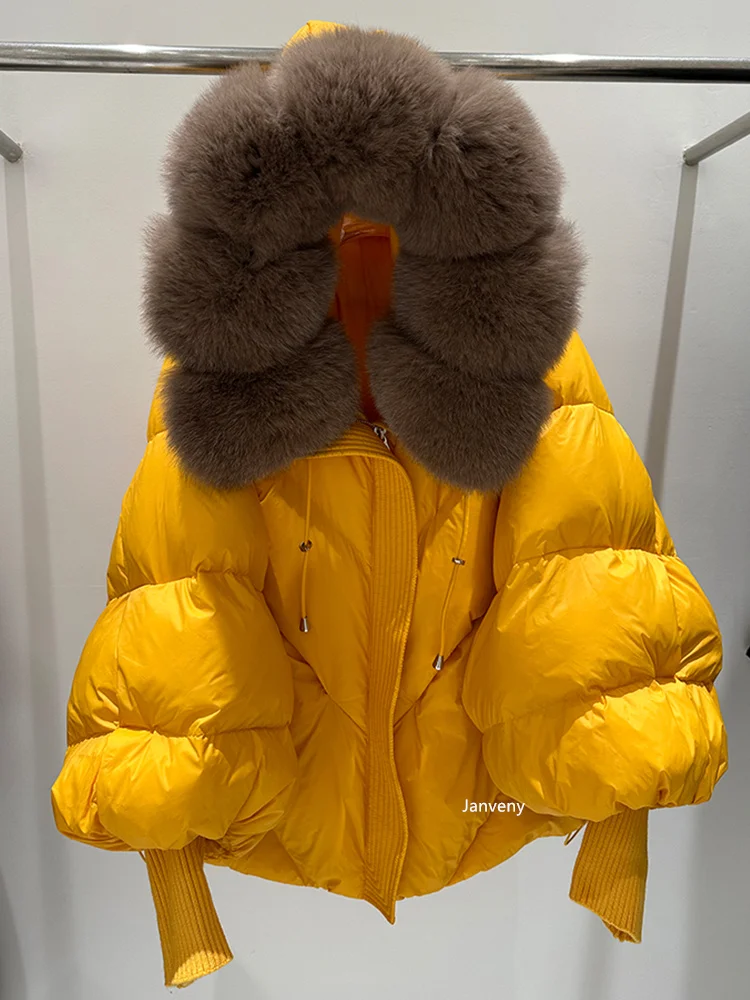 Janveny2026 New Winter Large Real Fur Hooded Puffer Jacket Women Thicken Warm Knitted Sleeve Coat White Duck Down Mid Long Parka