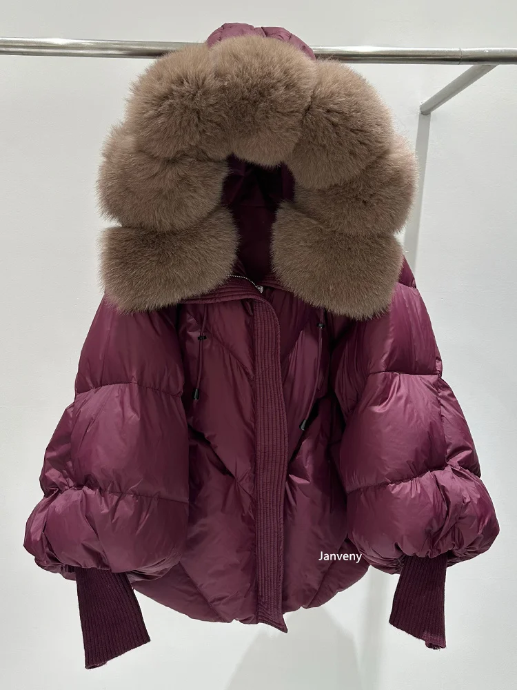 Janveny2026 New Winter Large Real Fur Hooded Puffer Jacket Women Thicken Warm Knitted Sleeve Coat White Duck Down Mid Long Parka