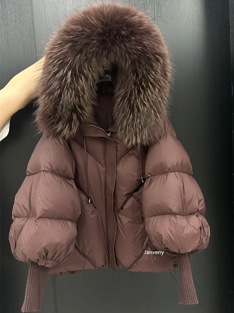 Janveny2026 New Winter Large Real Fur Hooded Puffer Jacket Women Thicken Warm Knitted Sleeve Coat White Duck Down Mid Long Parka