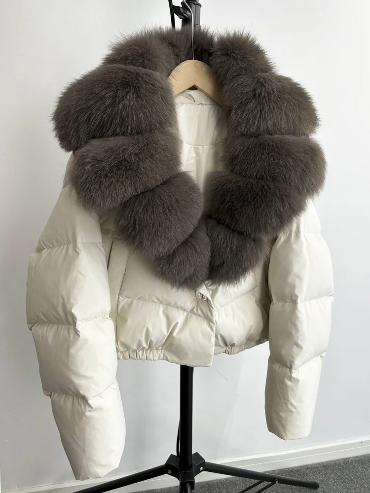 Janveny Big Natural Fox Fur Coat Women 2025 Autumn Winter Female Parkas 90% White Duck Down Jacket Feather Short Puffer Coat