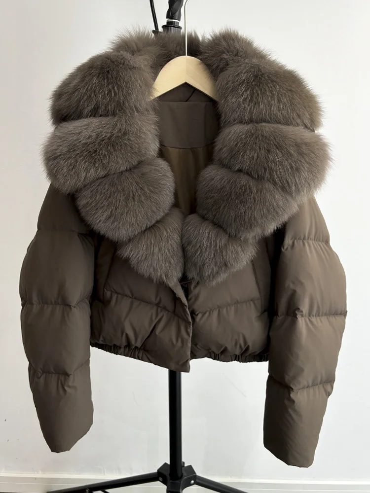 Janveny Big Natural Fox Fur Coat Women 2025 Autumn Winter Female Parkas 90% White Duck Down Jacket Feather Short Puffer Coat