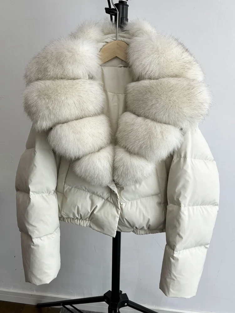Janveny Big Natural Fox Fur Coat Women 2025 Autumn Winter Female Parkas 90% White Duck Down Jacket Feather Short Puffer Coat