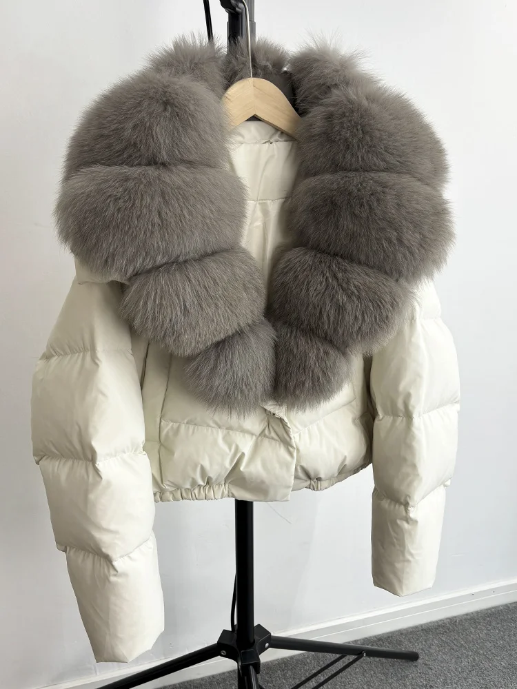 Janveny Big Natural Fox Fur Coat Women 2025 Autumn Winter Female Parkas 90% White Duck Down Jacket Feather Short Puffer Coat