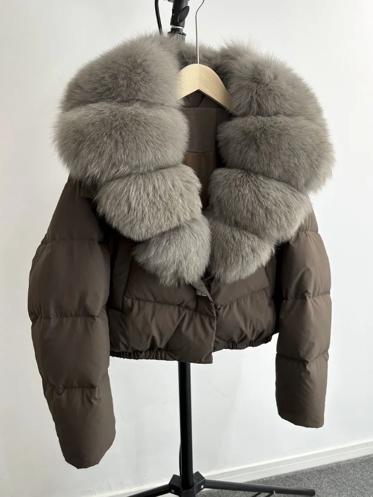 Janveny Big Natural Fox Fur Coat Women 2025 Autumn Winter Female Parkas 90% White Duck Down Jacket Feather Short Puffer Coat