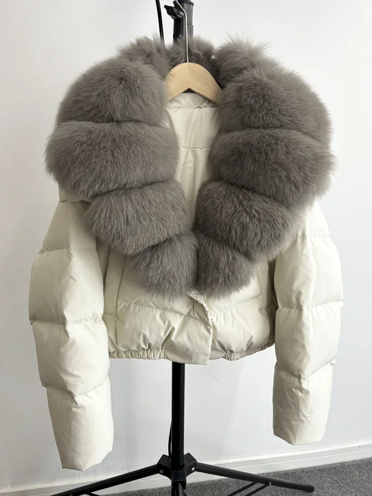 Janveny Big Natural Fox Fur Coat Women 2025 Autumn Winter Female Parkas 90% White Duck Down Jacket Feather Short Puffer Coat
