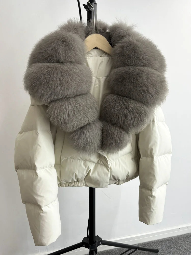 Janveny Big Natural Fox Fur Coat Women 2025 Autumn Winter Female Parkas 90% White Duck Down Jacket Feather Short Puffer Coat