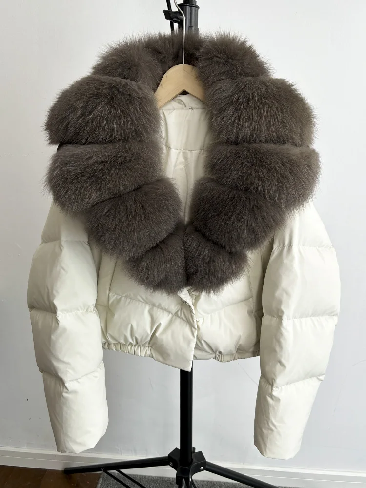 Janveny Big Natural Fox Fur Coat Women 2025 Autumn Winter Female Parkas 90% White Duck Down Jacket Feather Short Puffer Coat