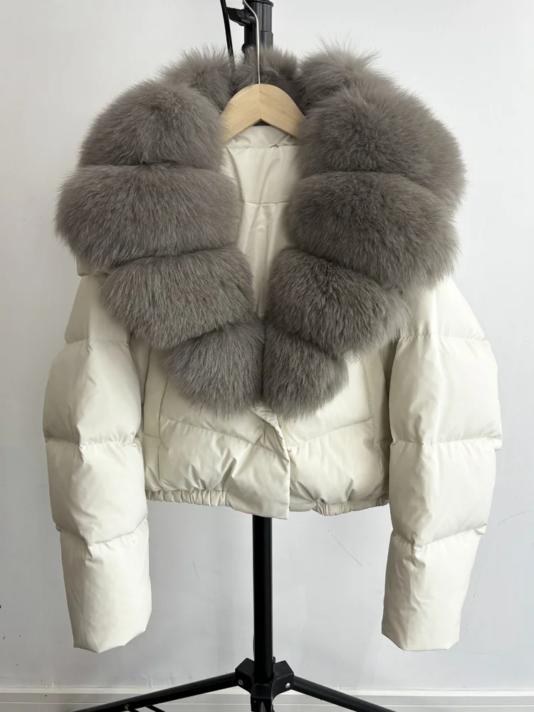 Janveny Big Natural Fox Fur Coat Women 2025 Autumn Winter Female Parkas 90% White Duck Down Jacket Feather Short Puffer Coat