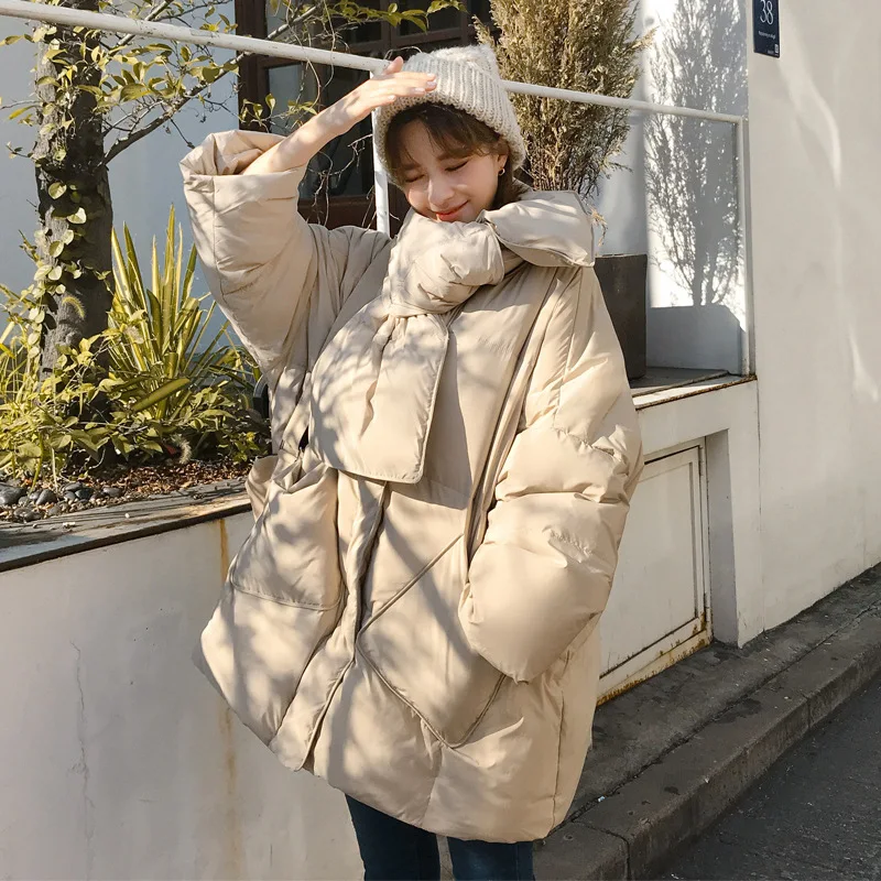 Women White Duck Down Coat 2026 Winter New Fashion Female Scarf OverSize Jackets Round Neck Loose Thicken Parkas Warm Outwear