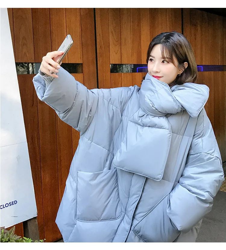 Women White Duck Down Coat 2026 Winter New Fashion Female Scarf OverSize Jackets Round Neck Loose Thicken Parkas Warm Outwear