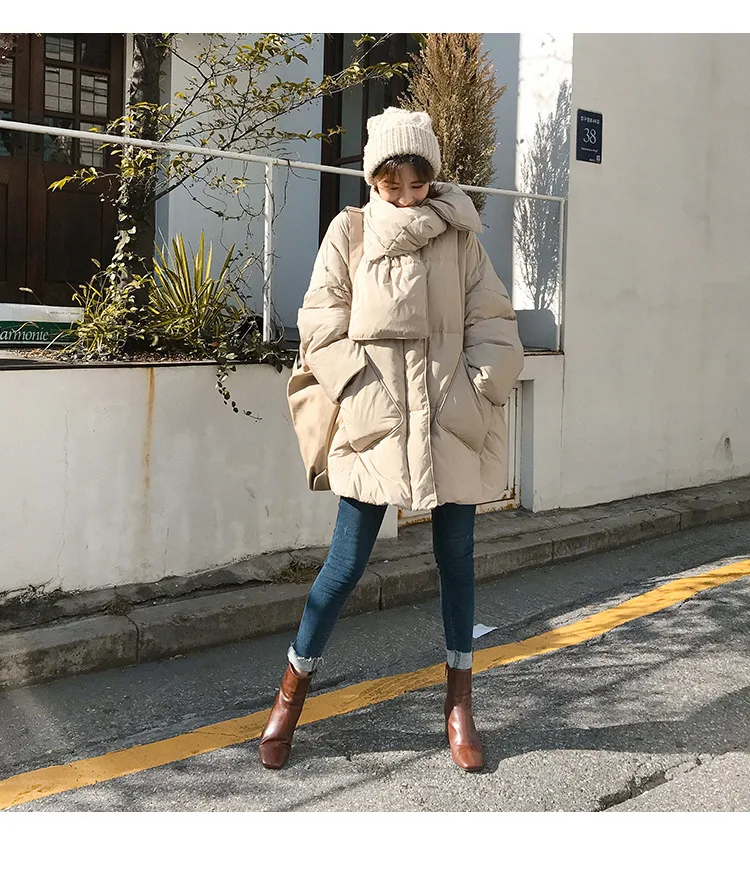 Women White Duck Down Coat 2026 Winter New Fashion Female Scarf OverSize Jackets Round Neck Loose Thicken Parkas Warm Outwear